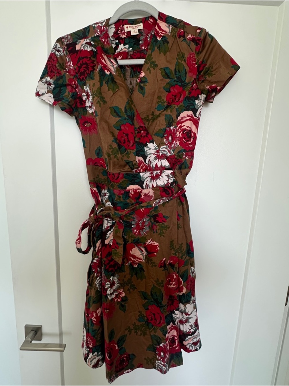 Brooks Brothers Brown Floral Wrap Midi Dress with Red Blooms